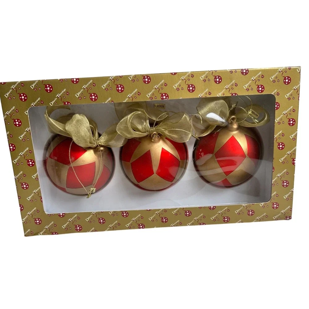 Vintage Dillards Trimmings Christmas‎ Tree Ornaments Red Gold Set of 3 in Box